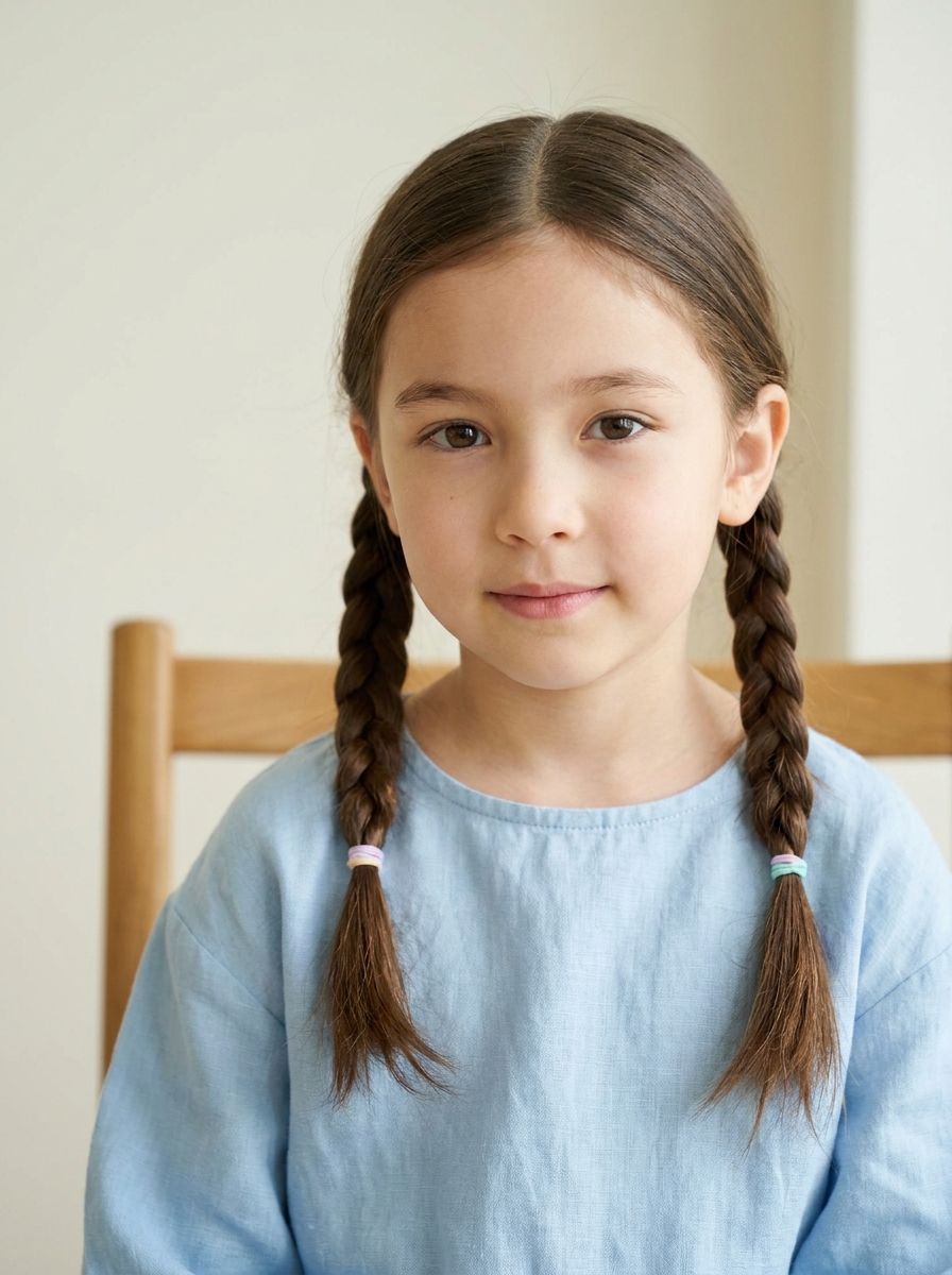 Einfache Seitenzöpfe mit Mittelscheitel als Flechtfrisuren für Kinder Inspiration 2026